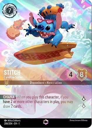 Stitch - Carefree Surfer (Enchanted) (206/204) - The First Chapter Holofoil - Lorcana