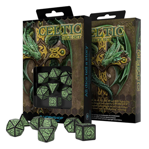 Q Workshop - Celtic 3D Black & Green Revised Dice Set 7