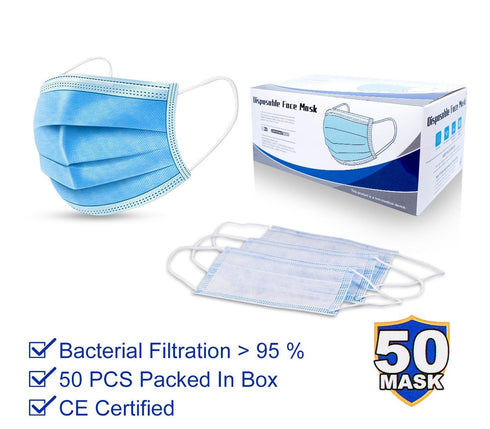 50 pcs Disposable Face Mask Protective 3 Layer Respirator Meltblown