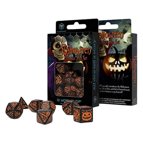 Q Workshop Halloween Pumpkin Black & Orange Dice Set 7