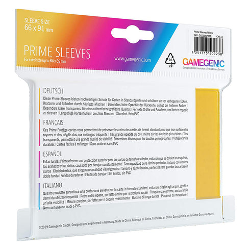 Gamegenic Prime Card Sleeves Yellow (66mm x 91mm) (100 Sleeves Per Pack)
