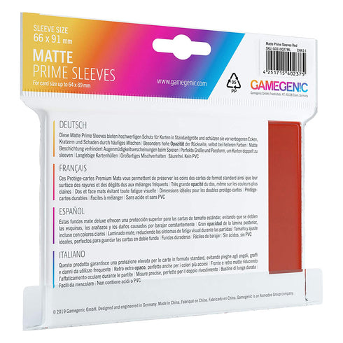 Gamegenic Matte Prime Card Sleeves Red (66mm x 91mm) (100 Sleeves Per Pack)