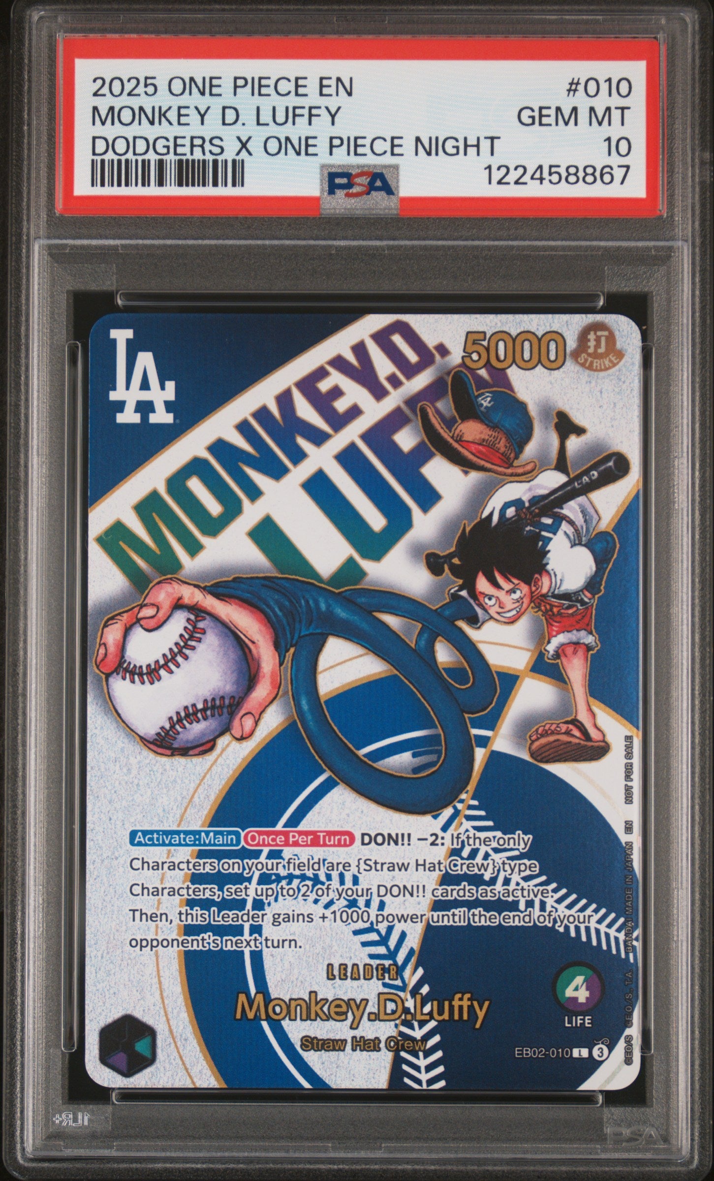 2025 One Piece En Dodgers X One Piece Night #010 Monkey D. Luffy PSA 10 GEM MINT