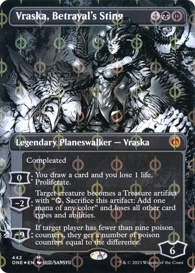 FOIL Vraska, Betrayal's Sting (Borderless) (Step-and-Compleat Foil) (ONE-442) - Phyrexia: All Will Be One - Magic The Gathering