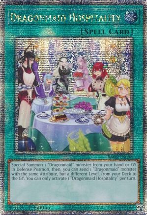QUARTER CENTURY SECRET RARE Dragonmaid Hospitality (Alternate Art) (Quarter Century Secret Rare) (RA03-EN068) - Quarter Century Bonanza 1st Edition
