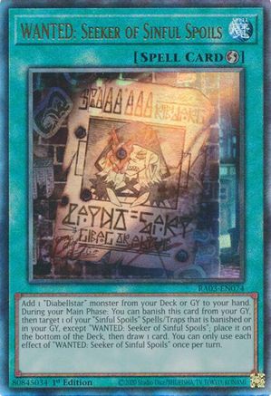 PRISMATIC ULTIMATE RARE WANTED: Seeker of Sinful Spoils (PUR) (RA03-EN074) - Quarter Century Bonanza 1st Edition