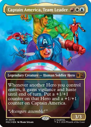 FOIL Captain America, Team Leader (Borderless) (Surge Foil) (MSC-879) - Commander: Marvel Super Heroes - Magic The Gathering