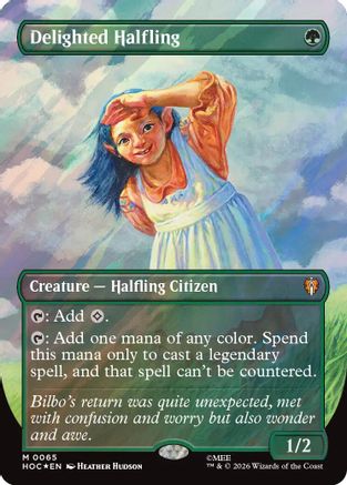 FOIL Delighted Halfling (Borderless) (Surge Foil) (HOC-065) - The Hobbit: Eternal-Legal - Magic The Gathering