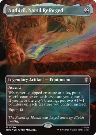FOIL Anduril, Narsil Reforged (Borderless) (Surge Foil) (HOC-080) - The Hobbit: Eternal-Legal - Magic The Gathering