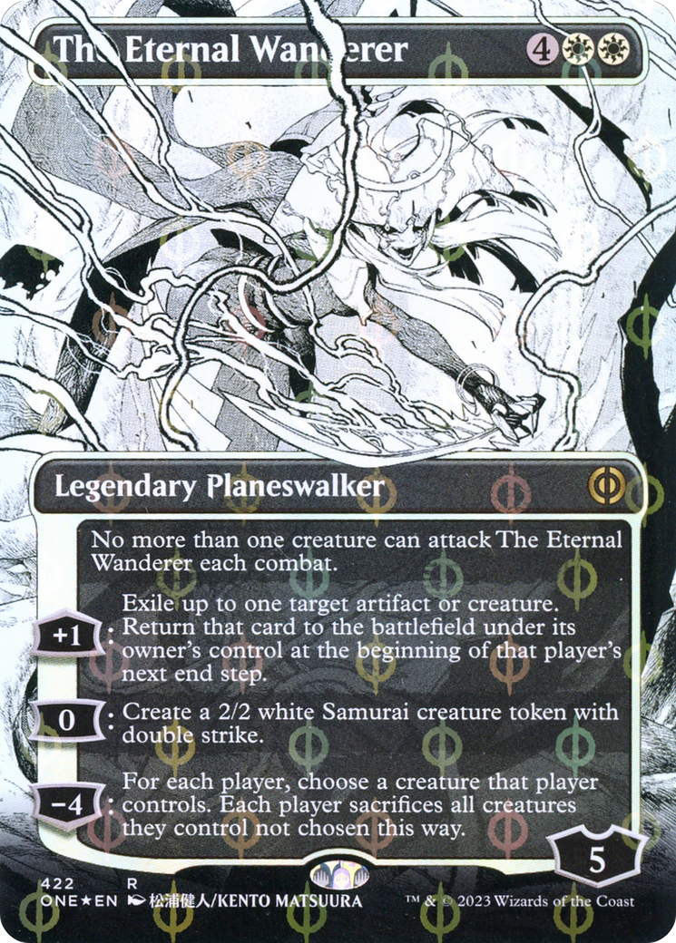 FOIL The Eternal Wanderer (Borderless) (Step-and-Compleat Foil) (ONE-422) - Phyrexia: All Will Be One - Magic The Gathering