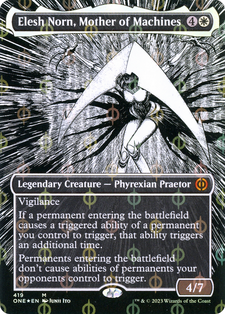 FOIL Elesh Norn, Mother of Machines (Borderless) (Step-and-Compleat Foil) (ONE-419) - Phyrexia: All Will Be One - Magic The Gathering