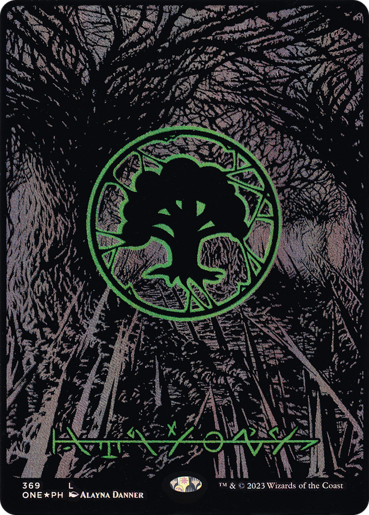 FOIL Forest (Phyrexian) - Full Art (Oil Slick Raised Foil) (ONE-369) - Phyrexia: All Will Be One - Magic The Gathering
