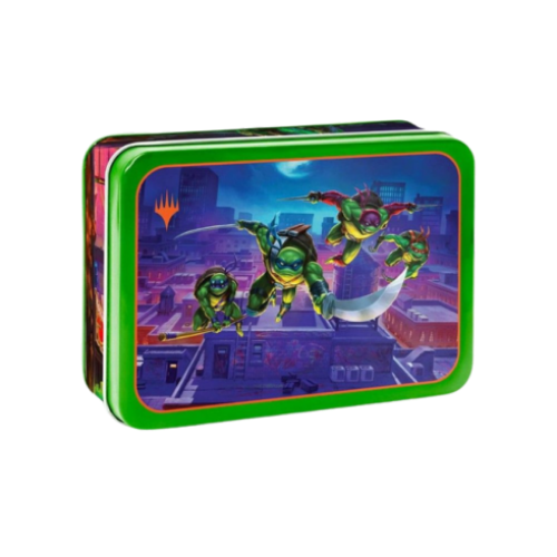 Tin box with Teenage Mutant Ninja Turtles on a cityscape background