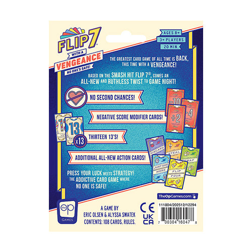 Card game packaging for 'Flip 7 with a Vengeance' on a white background