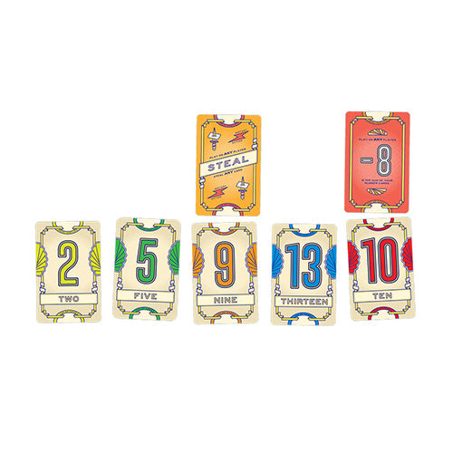 Set of colorful card game pieces with numbers and text on a white background