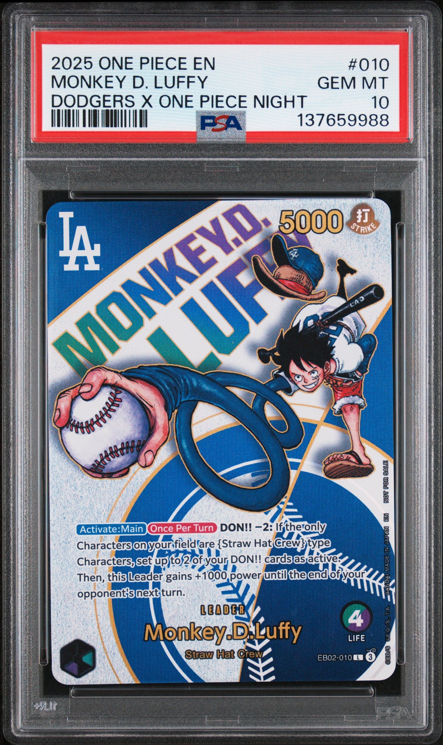 2025 One Piece En Dodgers X One Piece Night #010 Monkey D. Luffy PSA 10 GEM MINT