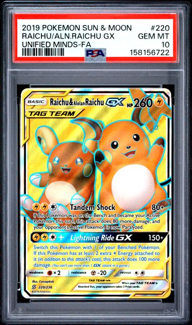 RAICHU & ALOLAN RAICHU GX #220 2019 SUN & MOON UNIFIED MINDS-FA PSA 10