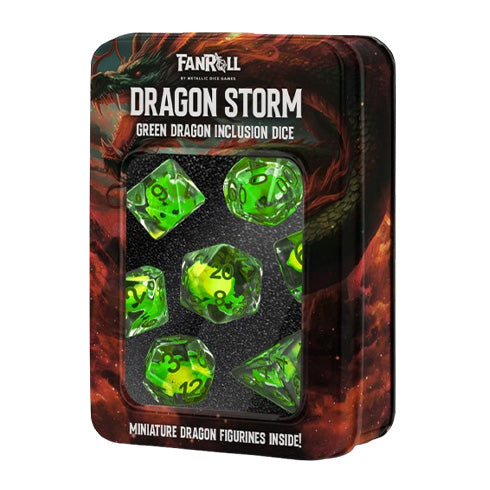 MDG Resin 16mm Poly Dice Set - Dragon Storm Inclusion Resin Green Dragon