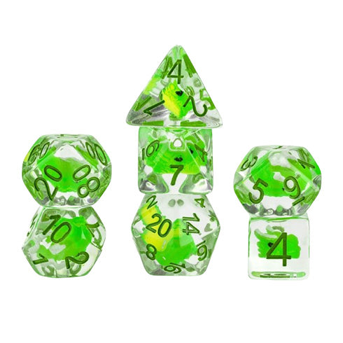 MDG Resin 16mm Poly Dice Set - Dragon Storm Inclusion Resin Green Dragon