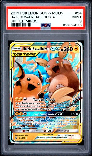 RAICHU & ALOLAN RAICHU GX #54 2019 SUN & MOON UNIFIED MINDS PSA 9