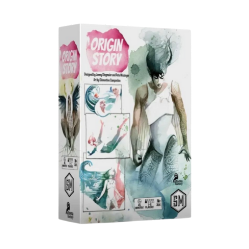 Product packaging for 'Origin Story' with artistic illustrations on a white background
