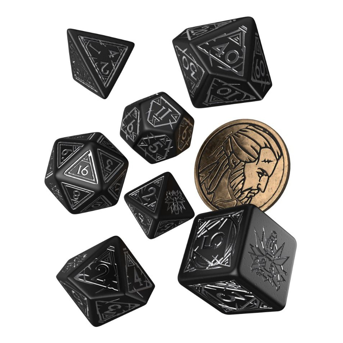 Q Workshop The Witcher Dice Set Geralt - Silver Sword Dice Set 7 With Coin