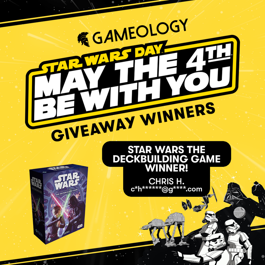 Promotional image for Gameology's Star Wars Day giveaway with a board game box and character figures on a yellow background.