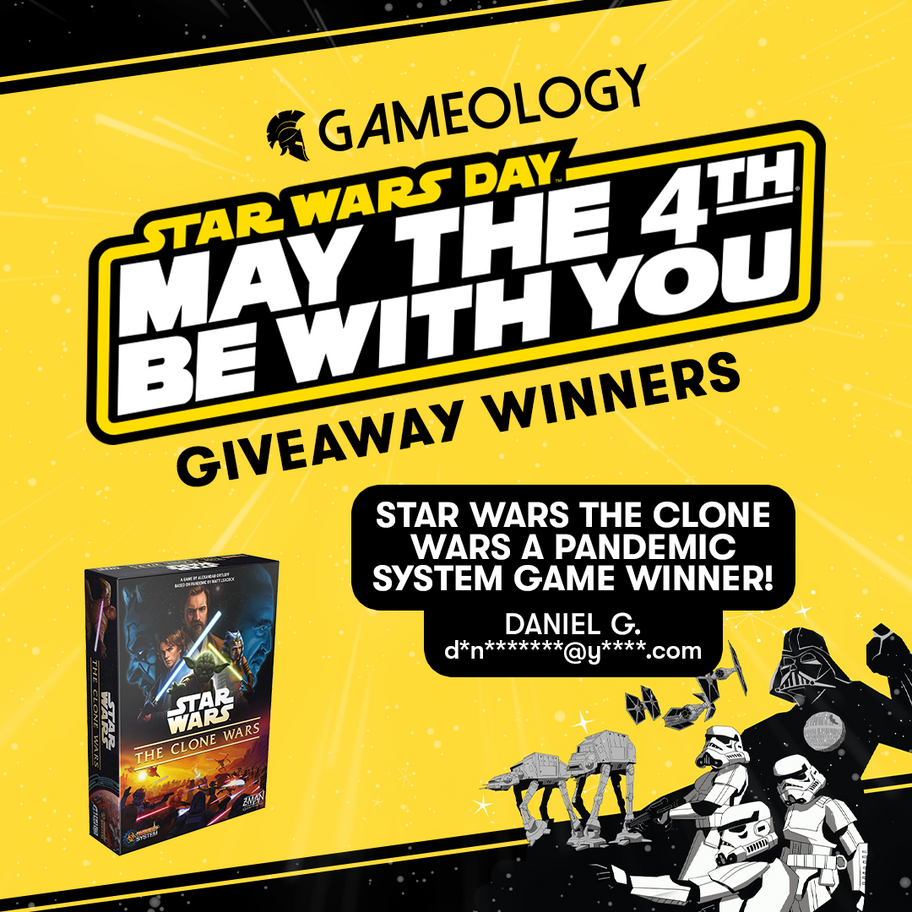 Promotional image for Gameology's Star Wars Day giveaway with a board game box and character figures on a yellow background.