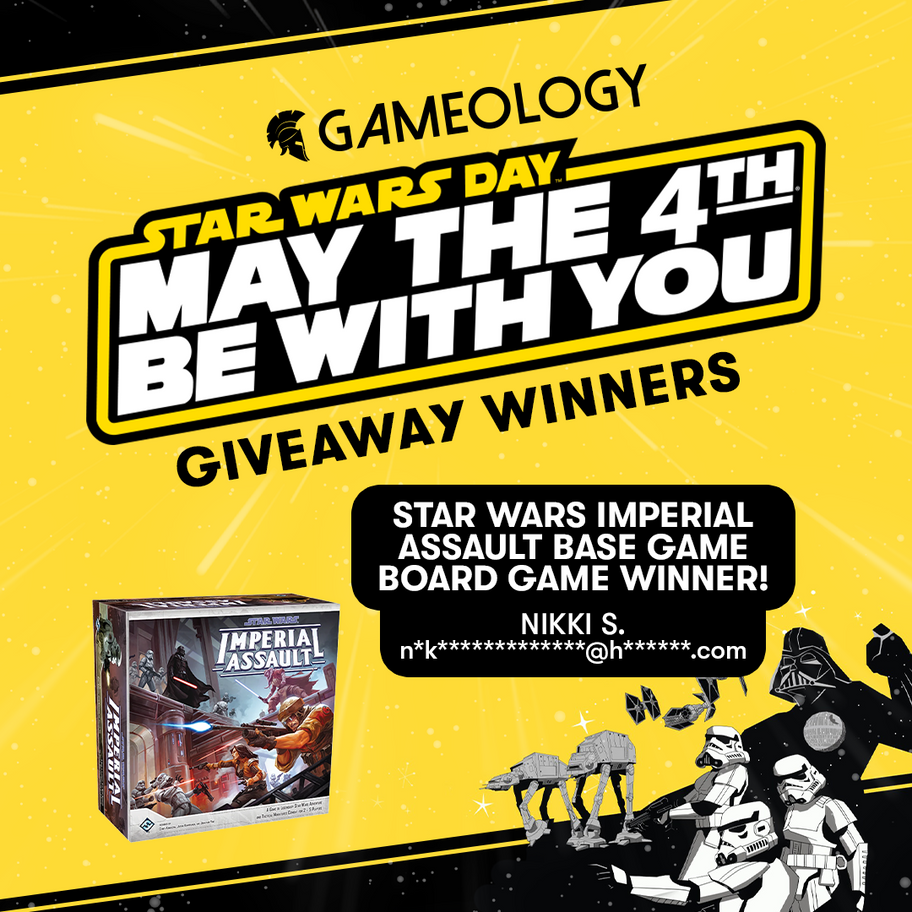 Promotional image for Gameology's Star Wars Day giveaway with a board game box and character figures on a yellow background.