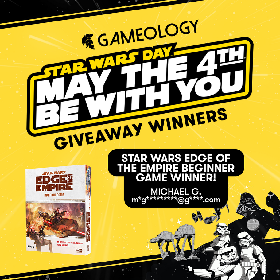 Promotional image for Gameology's Star Wars Day giveaway with a board game box and character figures on a yellow background.