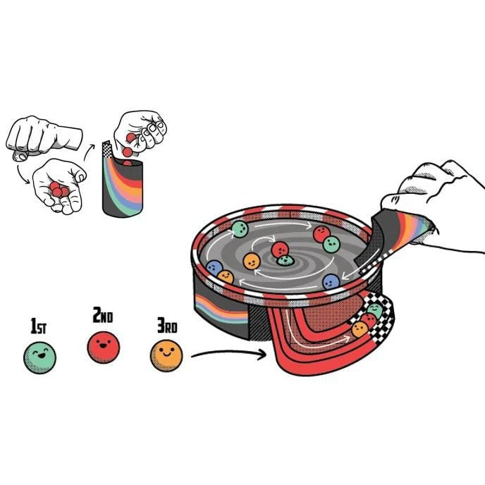 Illustration of a game with colorful balls and hands interacting with a container.