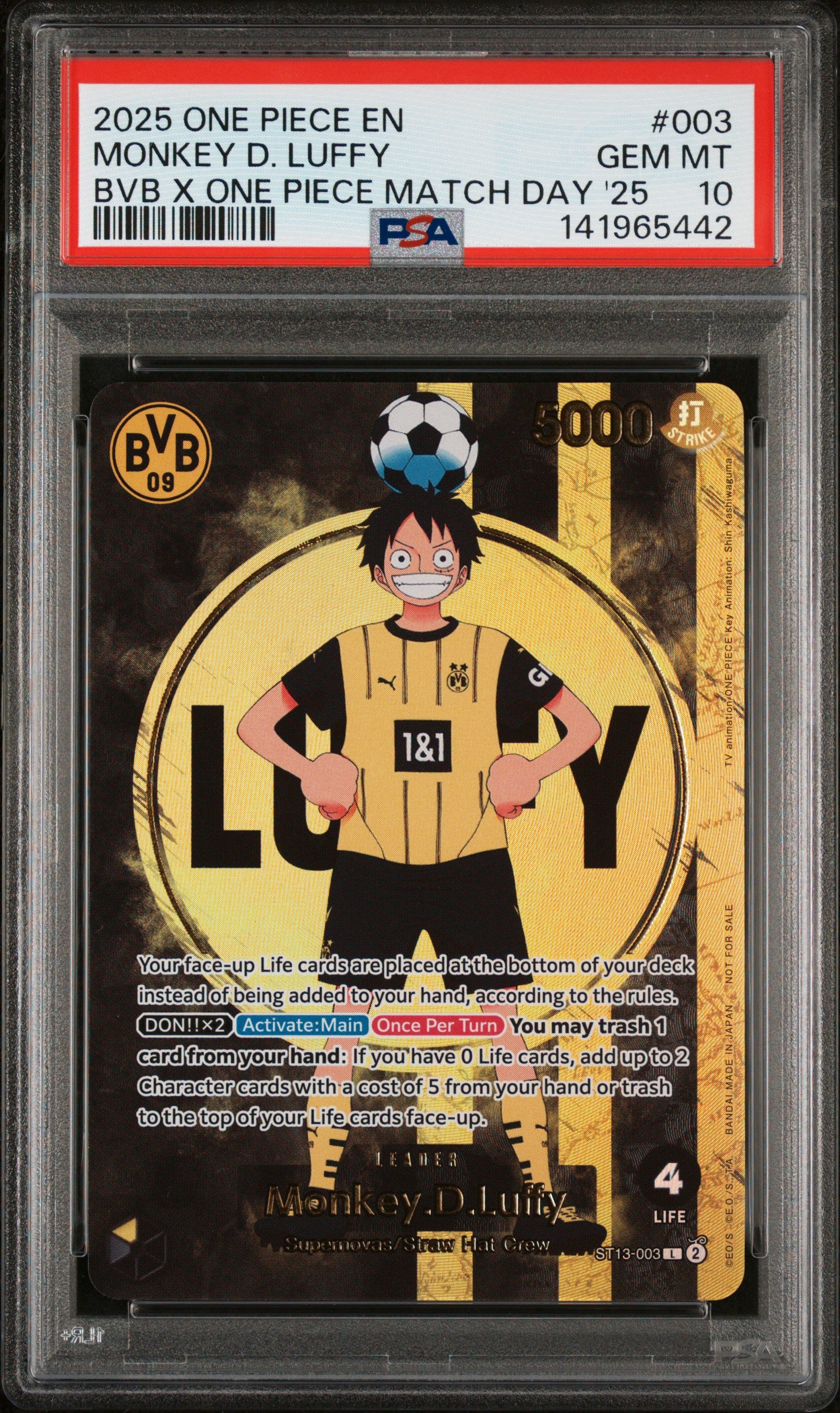 2025 ONE PIECE PROMOS #003 MONKEY D. LUFFY BVB X ONE PIECE MATCH DAY '25 PSA 10