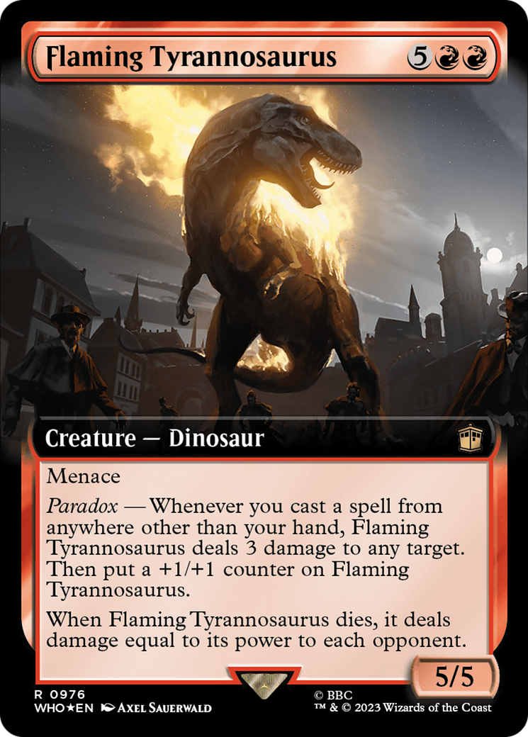 FOIL Flaming Tyrannosaurus (Extended Art) (Surge Foil) (WHO-976) - Doctor Who - Magic The Gathering