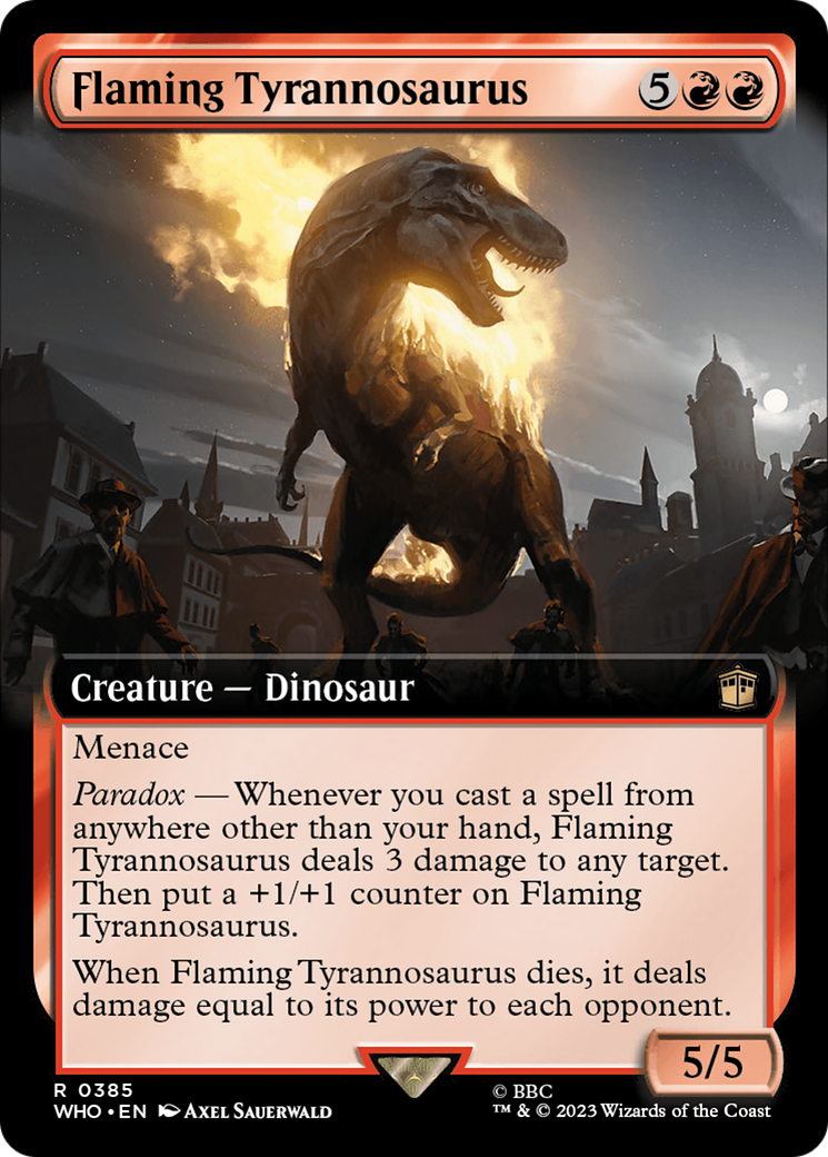 FOIL Flaming Tyrannosaurus (Extended Art) (WHO-385) - Doctor Who - Magic The Gathering