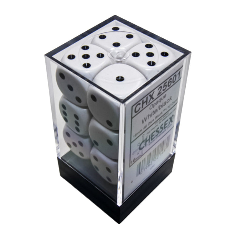 CHX 25601 Opaque White/Black 16mm D6 Dice Block (12 Dice)