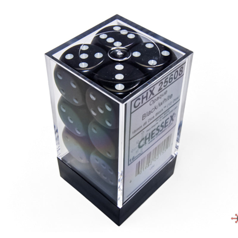 CHX 25608 Opaque Black/White 16mm D6 Dice Block (12 Dice)