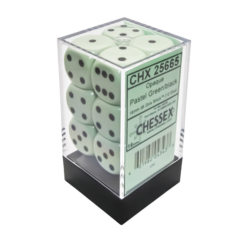 CHX 25665 Opaque 16mm D6 Pastel Green/Black Dice Block (12 Dice)