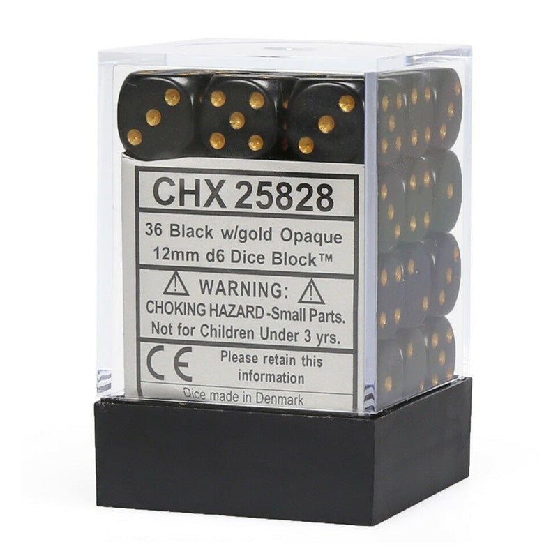 CHX 25828 Opaque 12mm D6 Black/Gold Block (36 Dice)