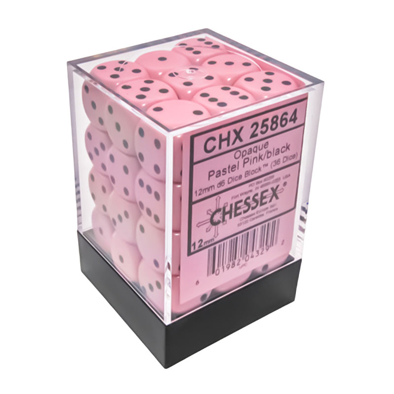 CHX 25864 Opaque 12mm D6 Pastel Pink/Black Dice Block (36 Dice)