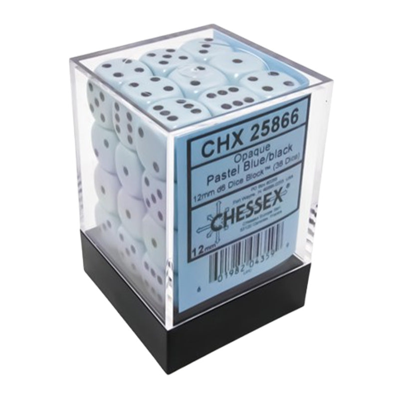 CHX 25866 Opaque 12mm D6 Pastel Blue/Black Dice Block (36 Dice)