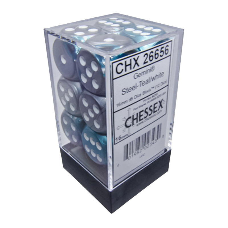 CHX 26656 Gemini Steel-Teal/White 16mm D6 Dice Block (12 Dice)