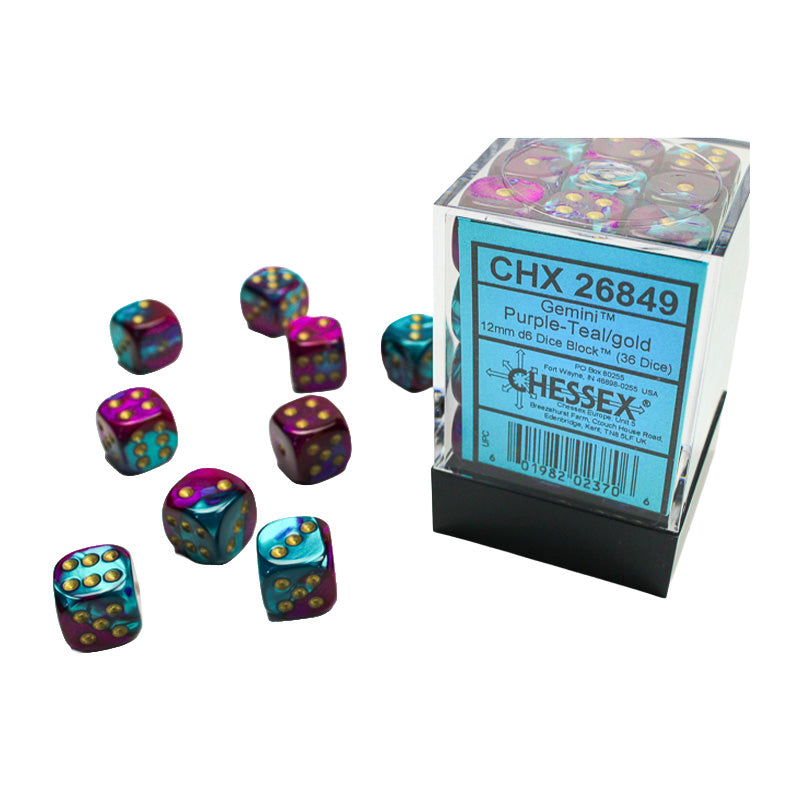 CHX 26849 Gemini Purple-Teal/Gold 12mm D6 Dice Block (36 Dice)