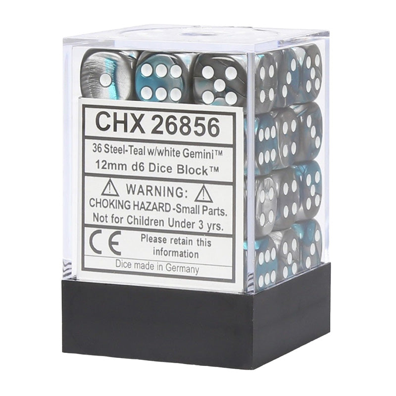 CHX 26856 Gemini 12mm D6 Steel Teal/White Block (36 Dice)
