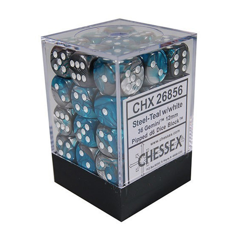 CHX 26856 Gemini 12mm D6 Steel Teal/White Block (36 Dice)