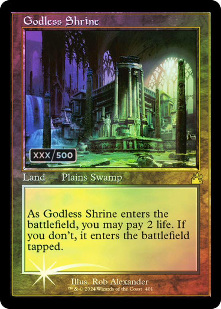 FOIL Godless Shrine (Retro Frame) (Serial Numbered) (RVR-401) - Ravnica Remastered - Magic The Gathering