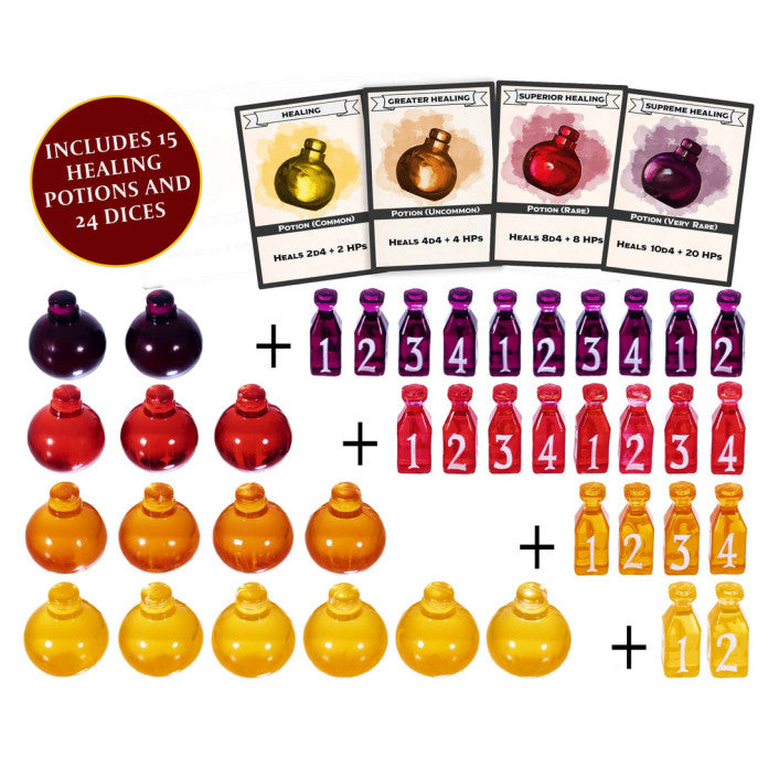 Healing Potion Markers & Dice - Set of 24 Dice & 15 Potions Tokens