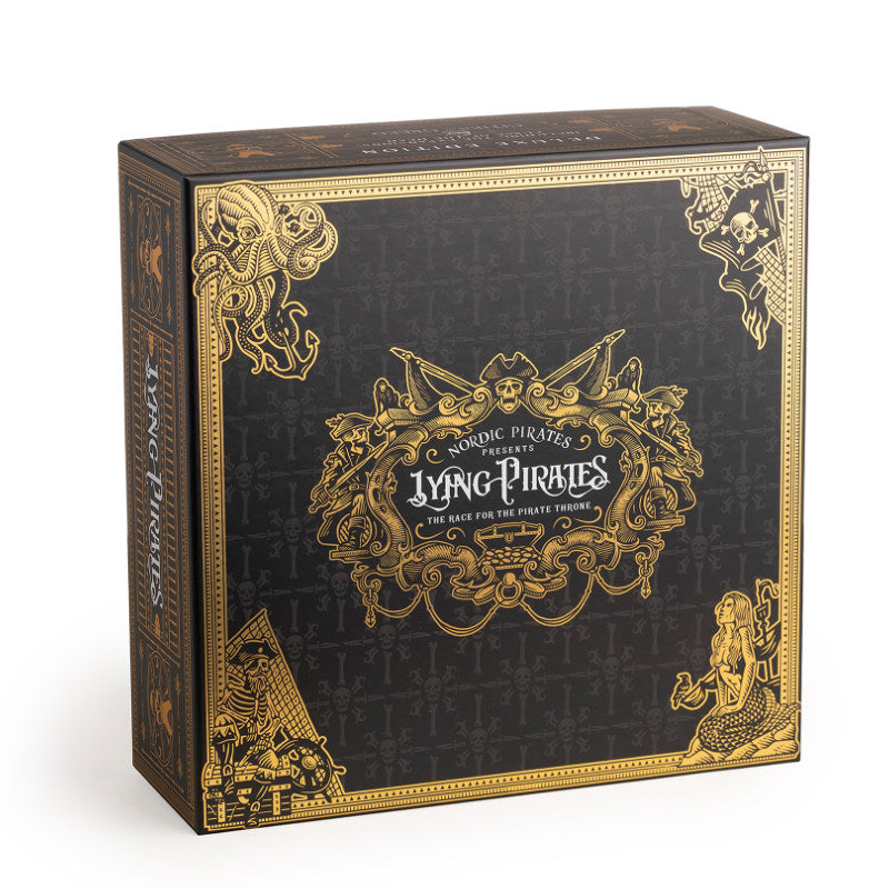 Black and gold box with 'Lying Pirates' branding on a white background