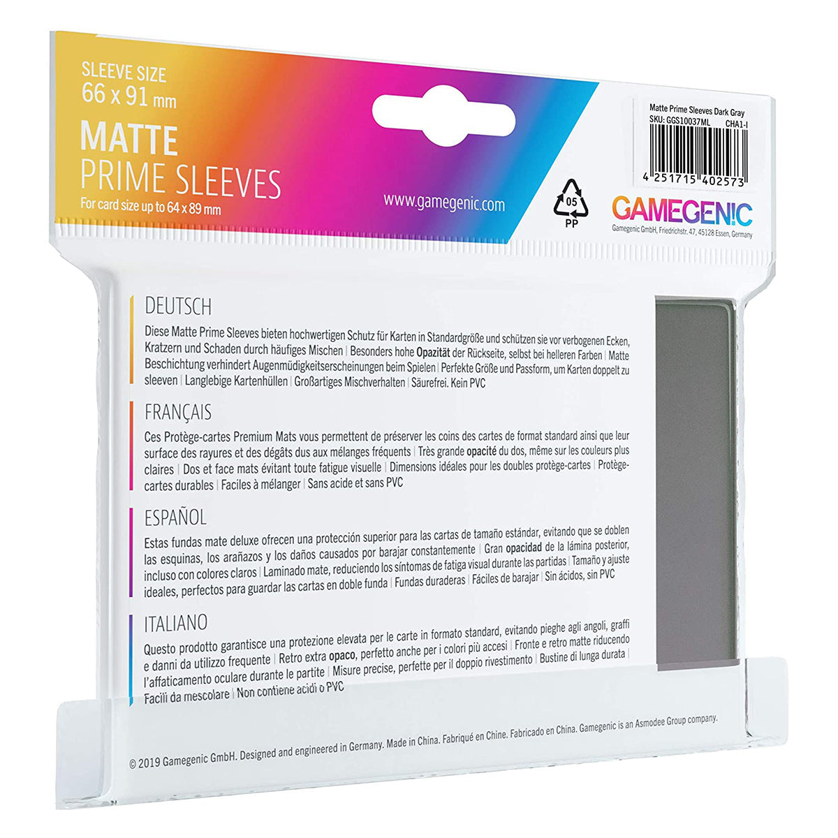 Gamegenic Matte Prime Card Sleeves Dark Gray (66mm x 91mm) (100 Sleeves Per Pack)