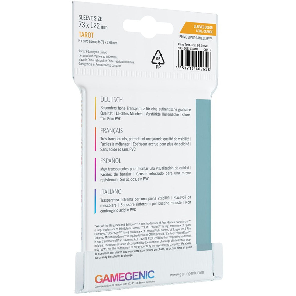 Gamegenic Prime Board Game Sleeves Tarot Sized 73mm x 122mm 50pc