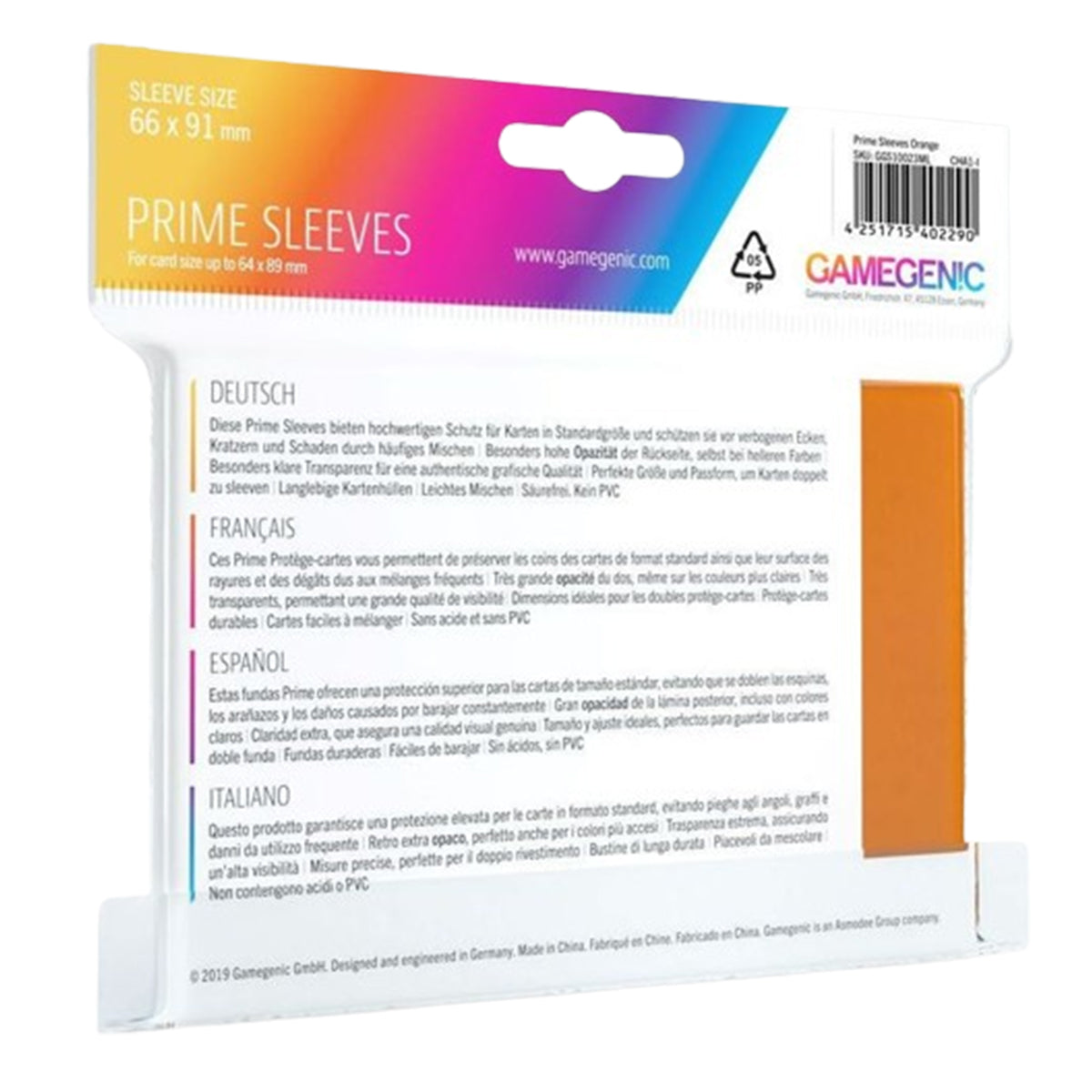 Gamegenic Prime Card Sleeves Orange (66mm x 91mm) (100 Sleeves Per Pack)